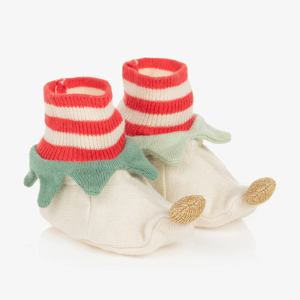 Meri Meri - Green & Ivory Cotton Elf Baby Booties  | Childrensalon