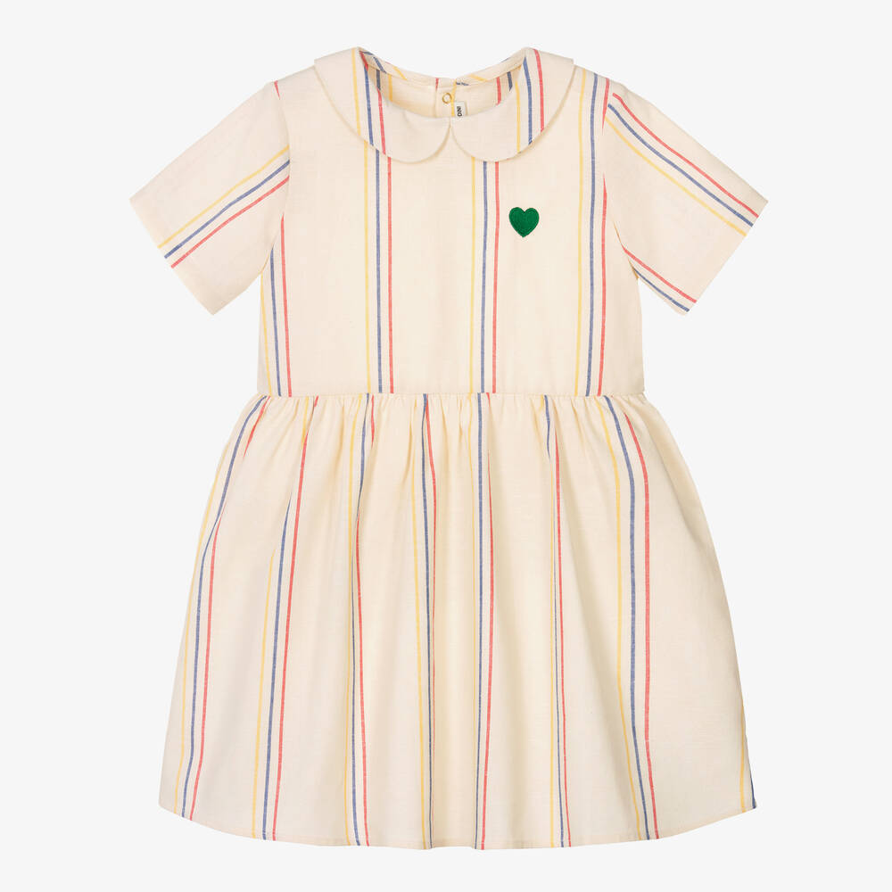 Mini Rodini - Girls Ivory Striped Cotton & Linen Dress | Childrensalon