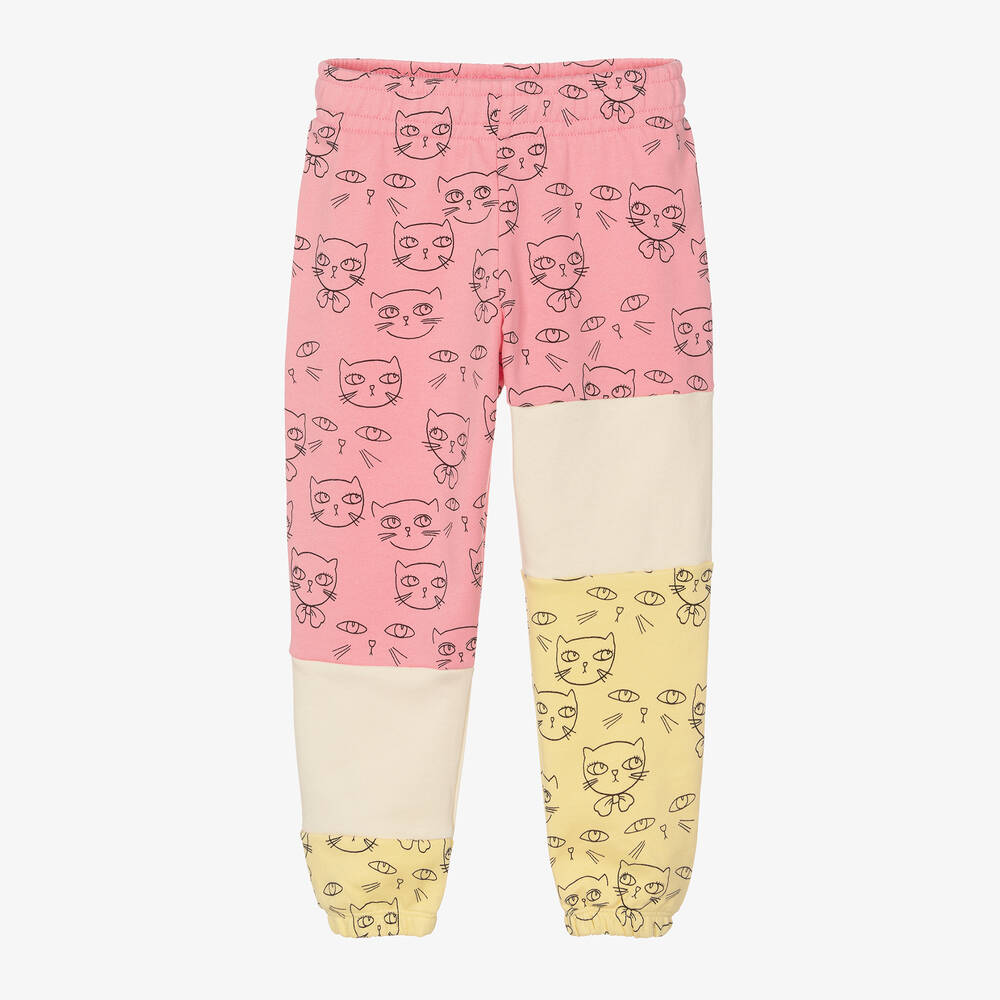 Mini Rodini - Girls Pink & Yellow Cotton Cat Joggers | Childrensalon