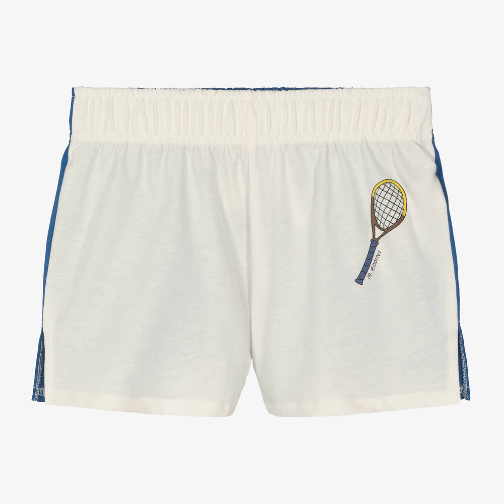 Mini Rodini - White & Blue Organic Cotton Shorts | Childrensalon