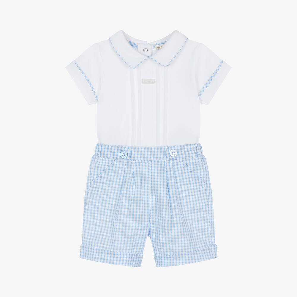 Mintini Baby - Baby Boys Blue Gingham Cotton Shorts Set | Childrensalon
