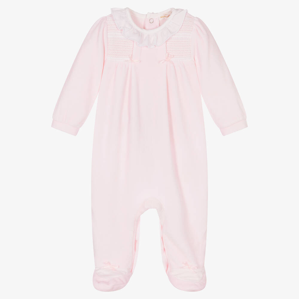 Mintini Baby - Girls Pink Velour Babygrow | Childrensalon Outlet