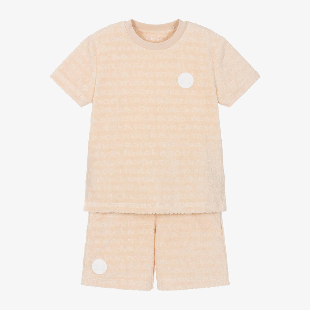 Mitch & Son - Boys Beige Cotton Towelling Shorts Set | Childrensalon