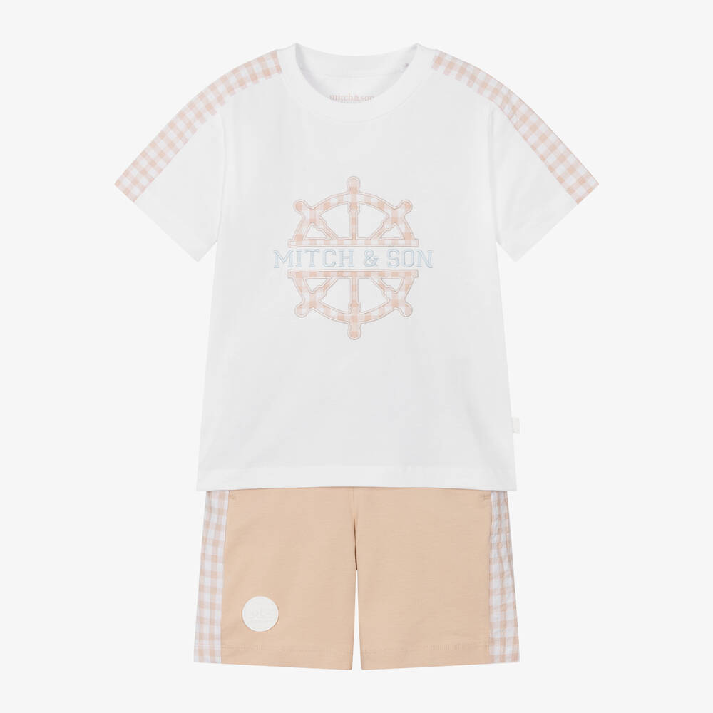 Mitch & Son - Boys Beige & White Cotton Shorts Set | Childrensalon