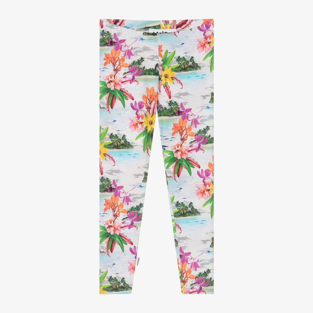 Molo - Girls White Cotton Tropical Print Leggings | Childrensalon