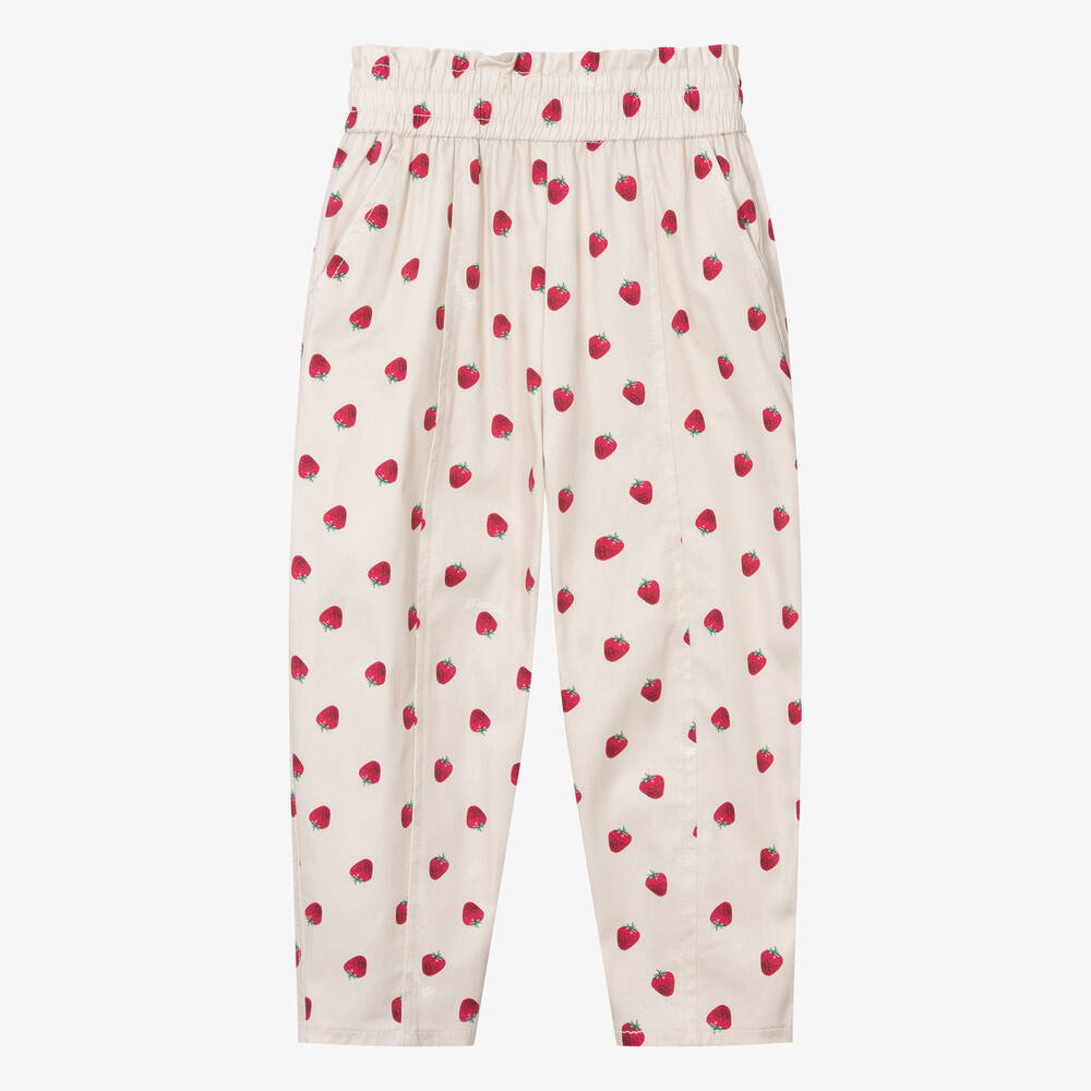 Monnalisa - Girls Beige Strawberry Cotton Trousers | Childrensalon