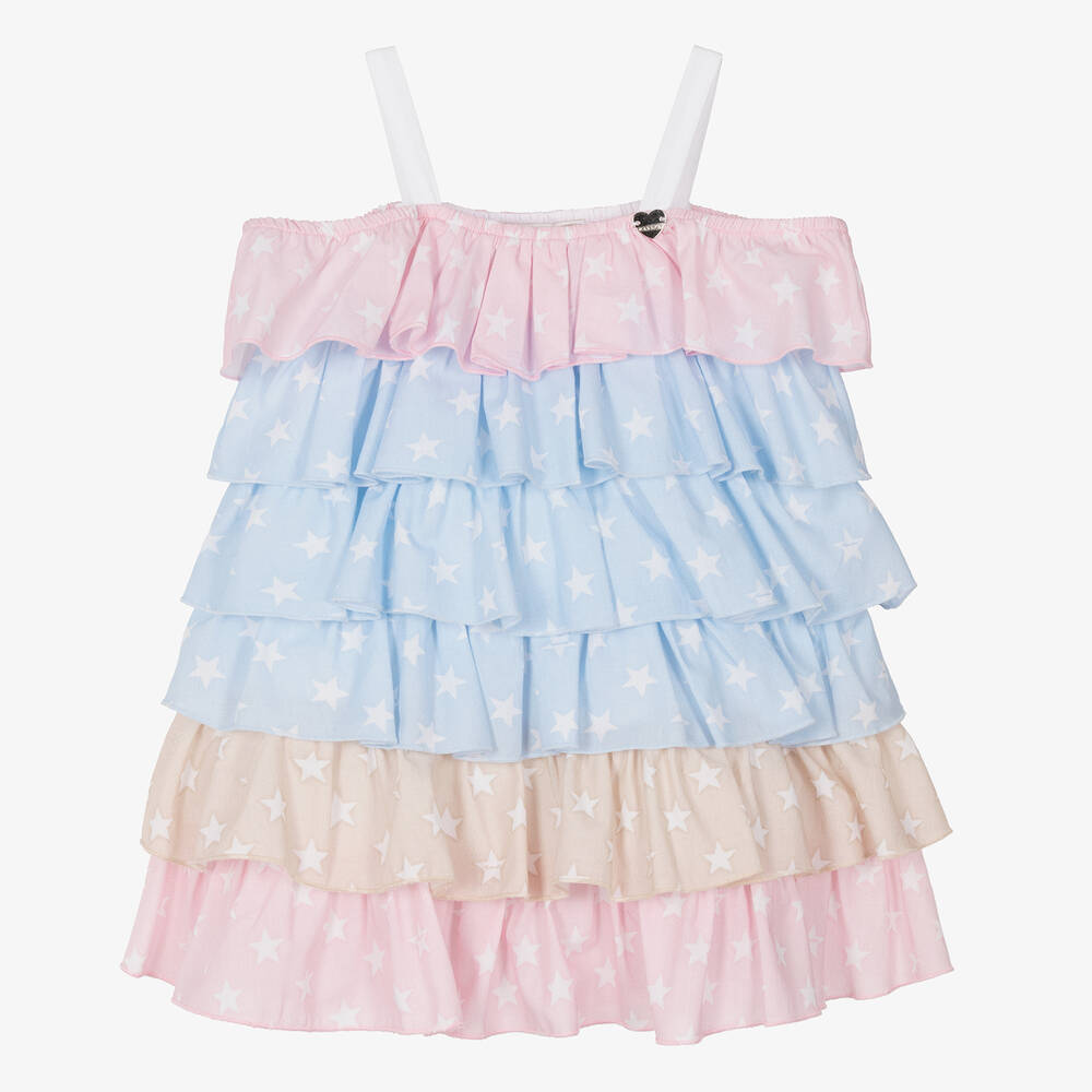 Monnalisa - Robe bleue en coton à volants fille | Childrensalon