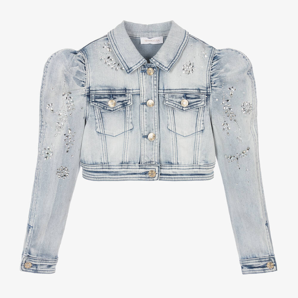 Monnalisa - Girls Blue Rhinestone Cropped Denim Jacket | Childrensalon