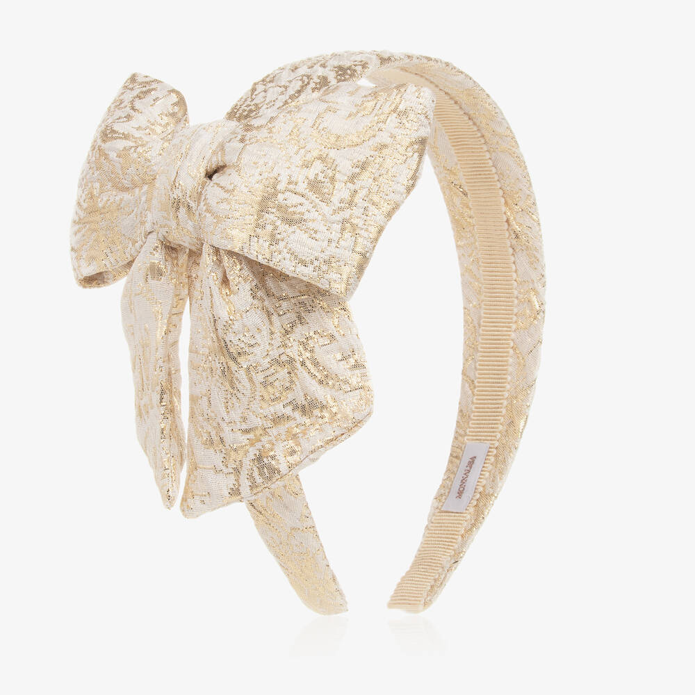 Monnalisa - Girls Gold Jacquard Bow Hairband | Childrensalon