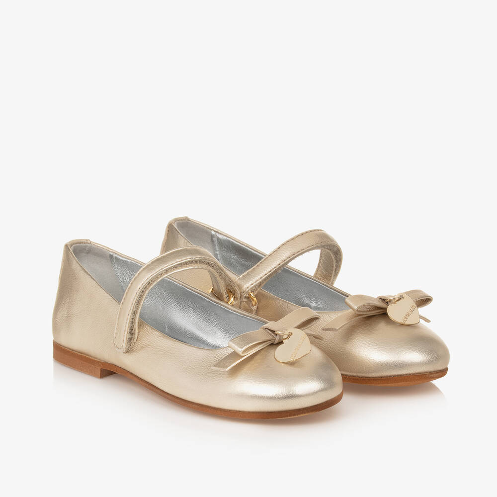 Monnalisa - Girls Gold Leather Ballet Pumps | Childrensalon