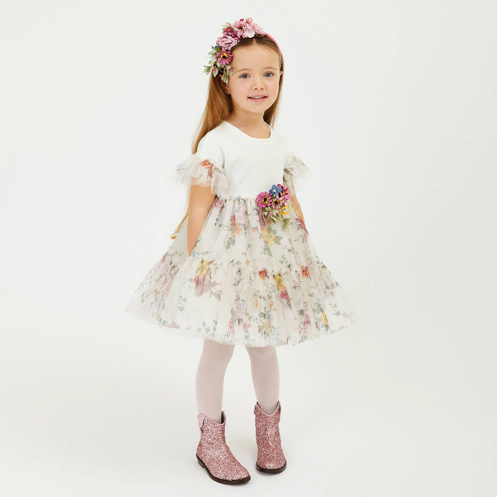 Monnalisa - Girls Ivory Floral Tulle Dress | Childrensalon Outlet