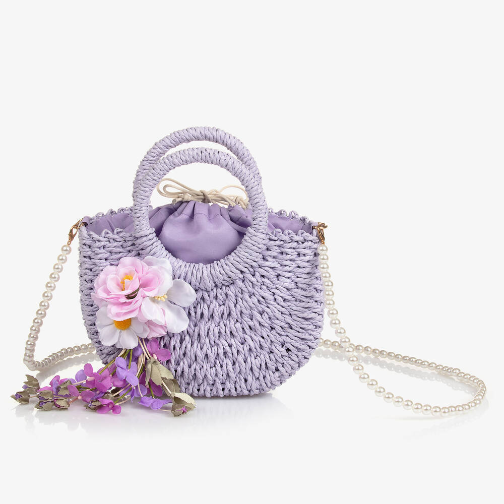 Monnalisa - Girls Lilac Purple Flower Straw Bag (21cm) | Childrensalon