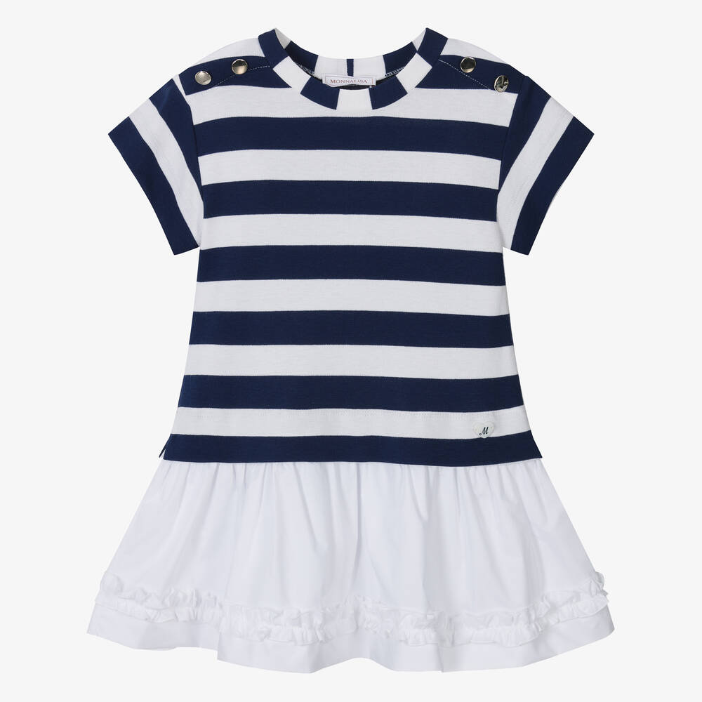 Monnalisa - Girls Navy Blue & Ivory Stripe Dress | Childrensalon