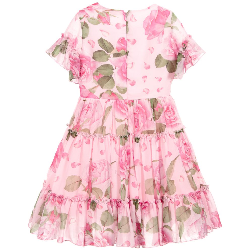 Monnalisa Chic - Girls Pink Roses Chiffon Dress | Childrensalon Outlet