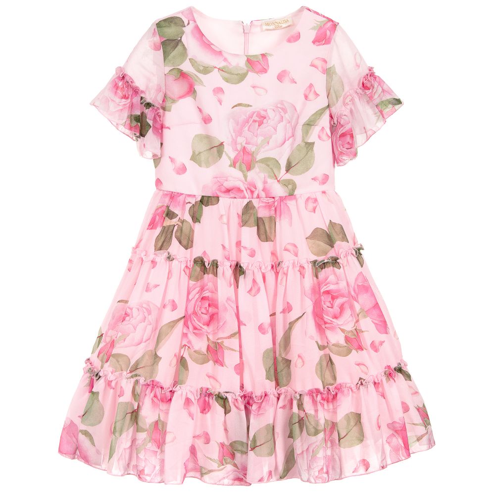 Monnalisa Chic - Girls Pink Roses Chiffon Dress | Childrensalon Outlet