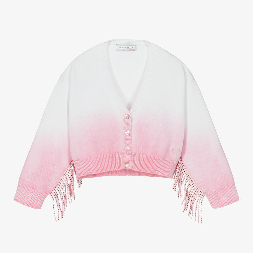 Monnalisa - Girls Pink & White Cotton Fringed Cardigan | Childrensalon