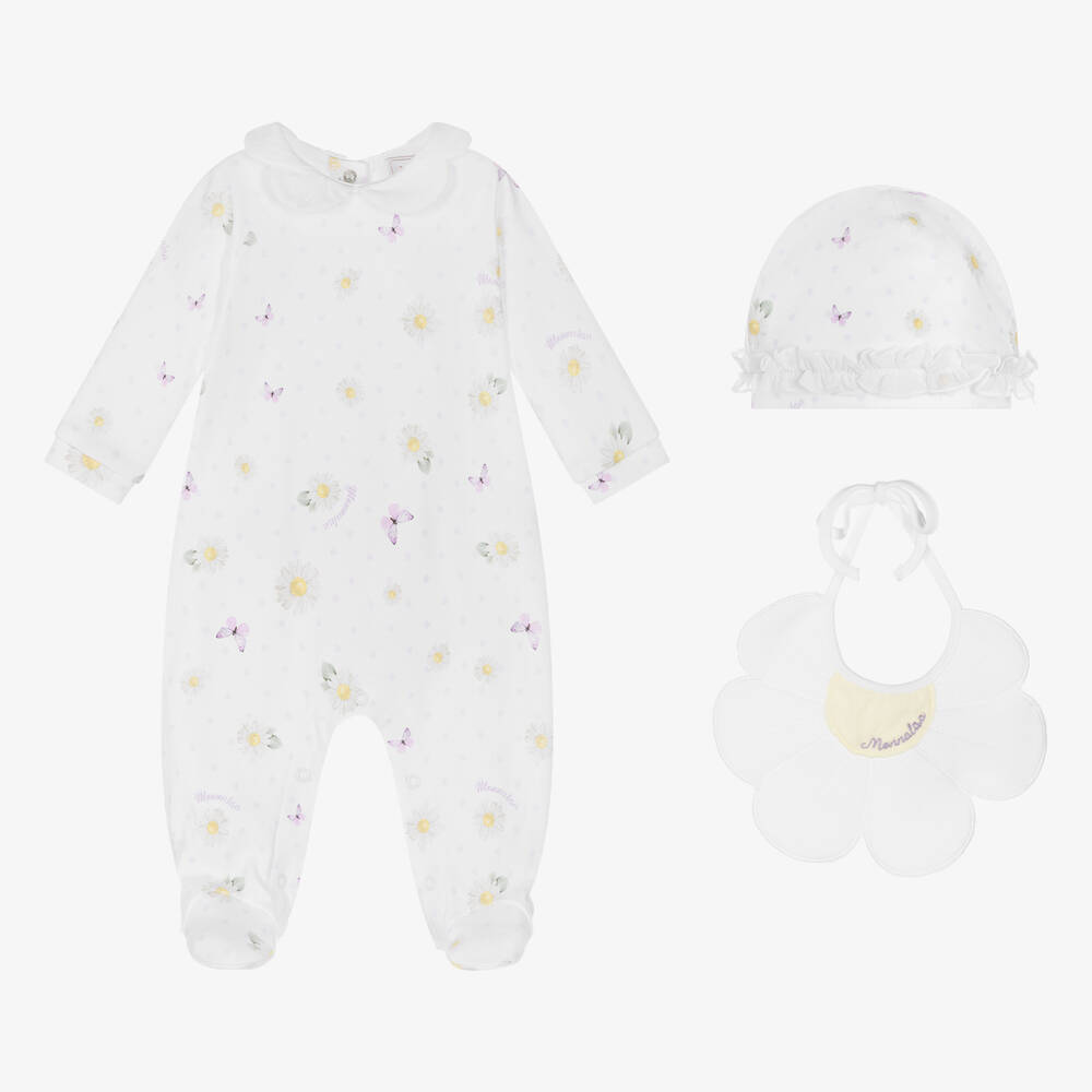 Monnalisa - Girls White Cotton Daisy Babygrow Set | Childrensalon