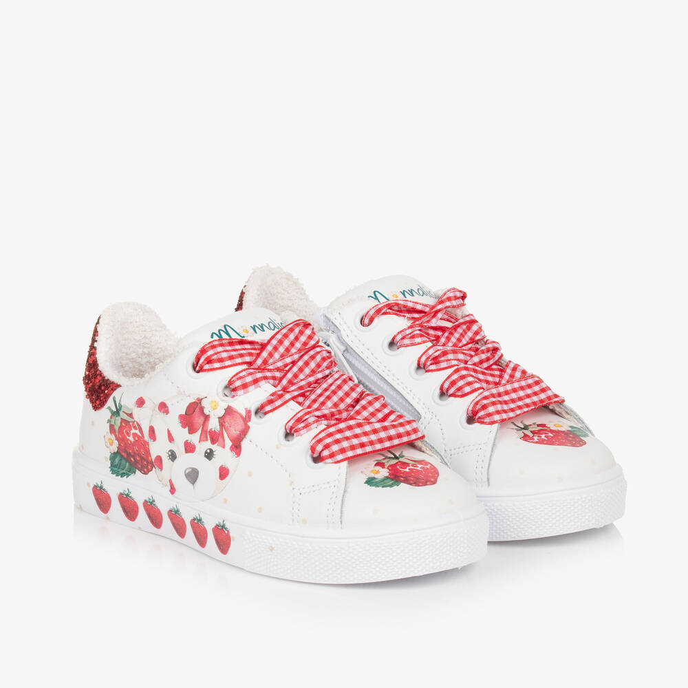 Monnalisa - Girls White Leather Strawberry Trainers | Childrensalon