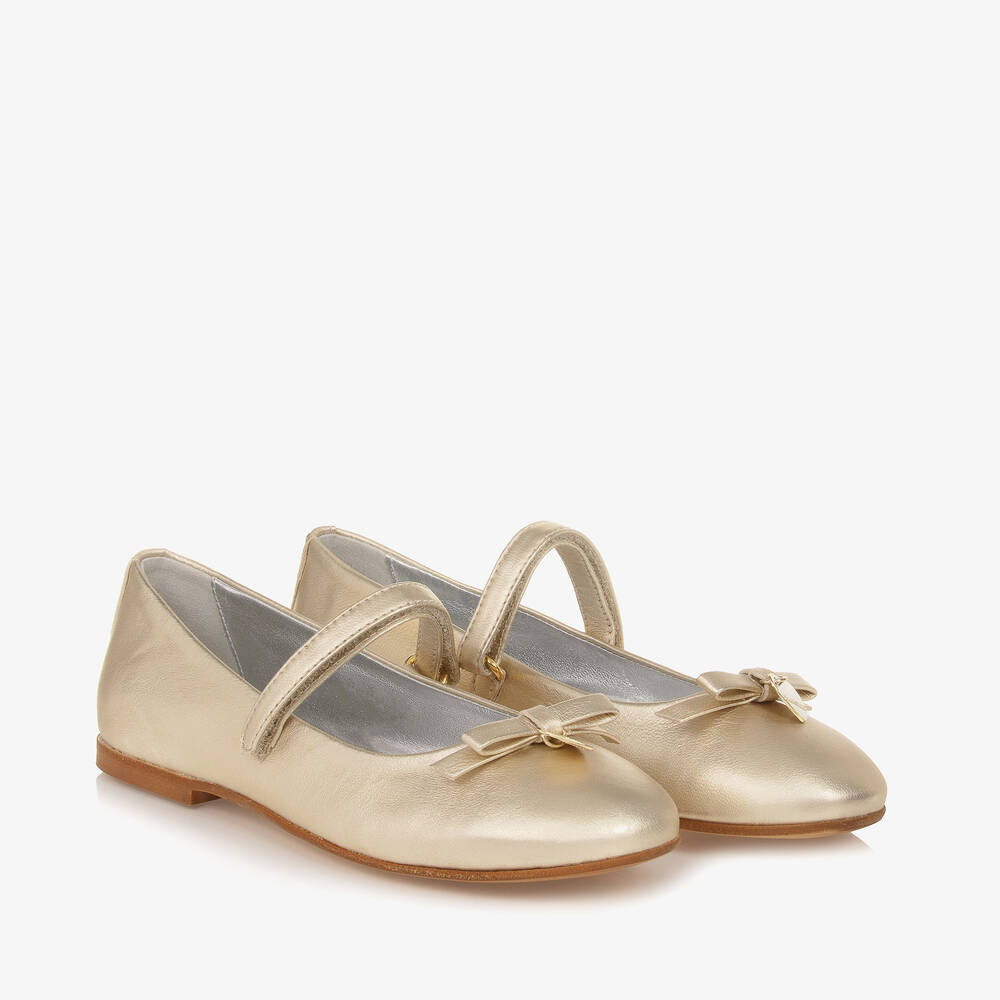 Monnalisa - Teen Girls Gold Leather Ballet Pumps | Childrensalon