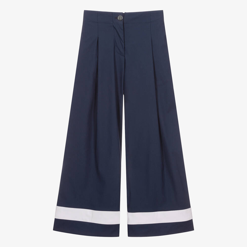 Monnalisa - Teen Girls Navy Blue Cotton Wide Leg Trousers | Childrensalon