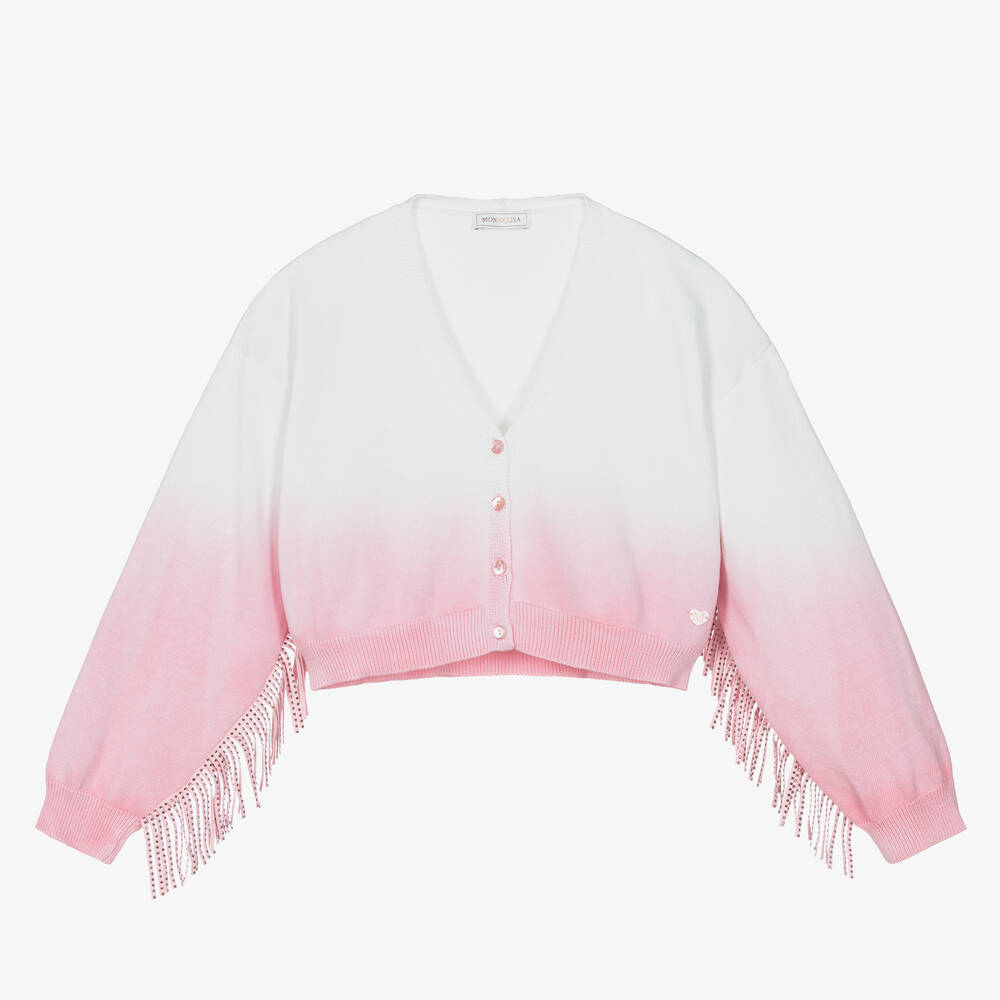 Monnalisa - Teen Girls Pink & White Fringed Cardigan | Childrensalon