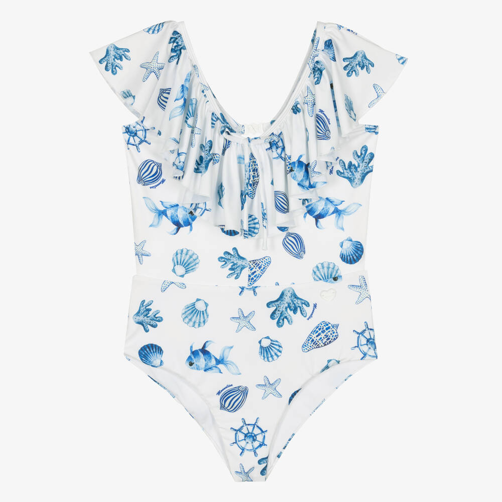 Monnalisa - Teen Girls White Shell Print Swimsuit | Childrensalon