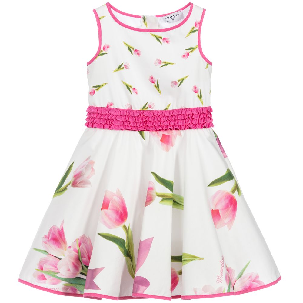 Monnalisa - White Cotton Tulip Print Dress | Childrensalon Outlet