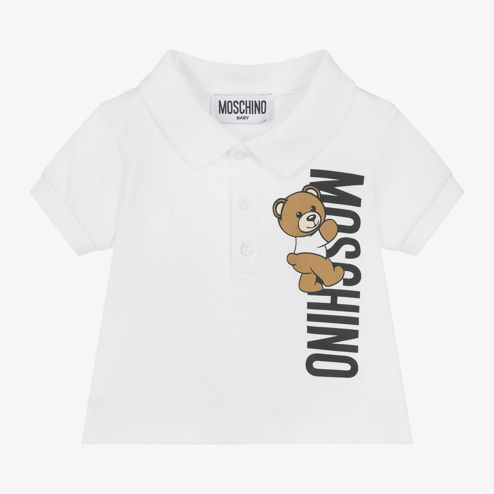 Moschino Baby - توب بولو أطفال ولادي قطن بيكيه لون أبيض | Childrensalon