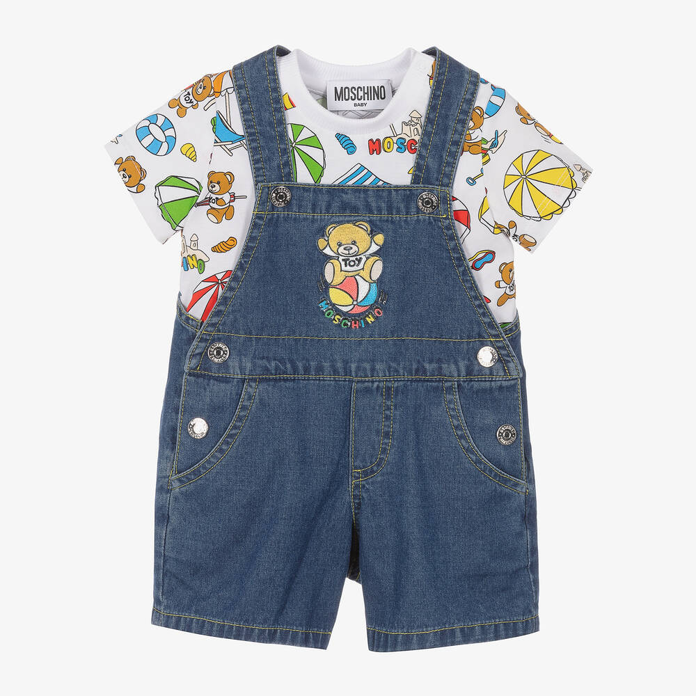 Moschino Baby - Blue Cotton Teddy Bear Dungarees Set | Childrensalon