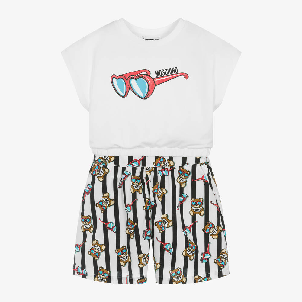 Moschino Kid-Teen - Girls White Bear Stripe Shorts Set | Childrensalon