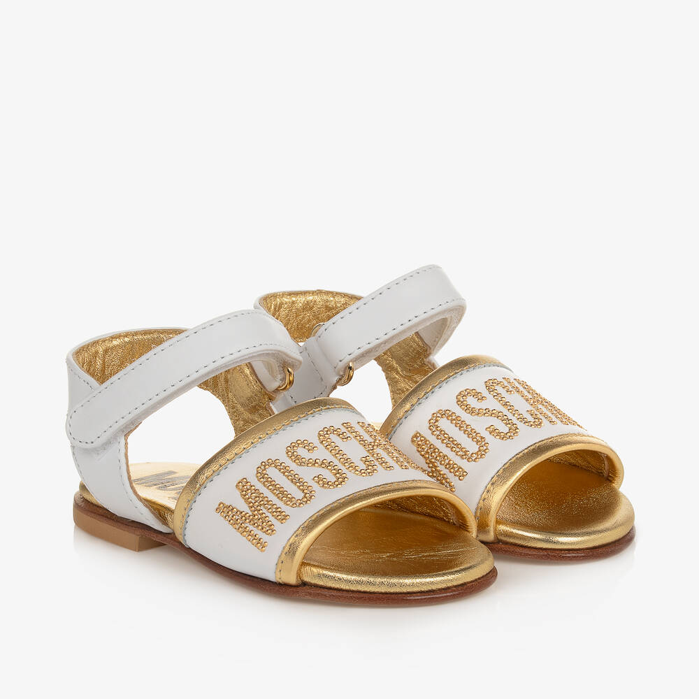 Moschino Kid-Teen - Girls White & Gold Leather Sandals | Childrensalon