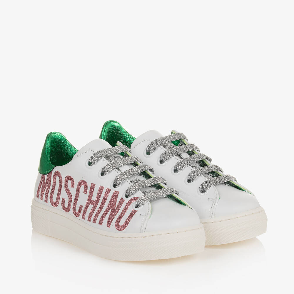 Moschino Kid-Teen - Girls White Leather Glitter Trainers | Childrensalon