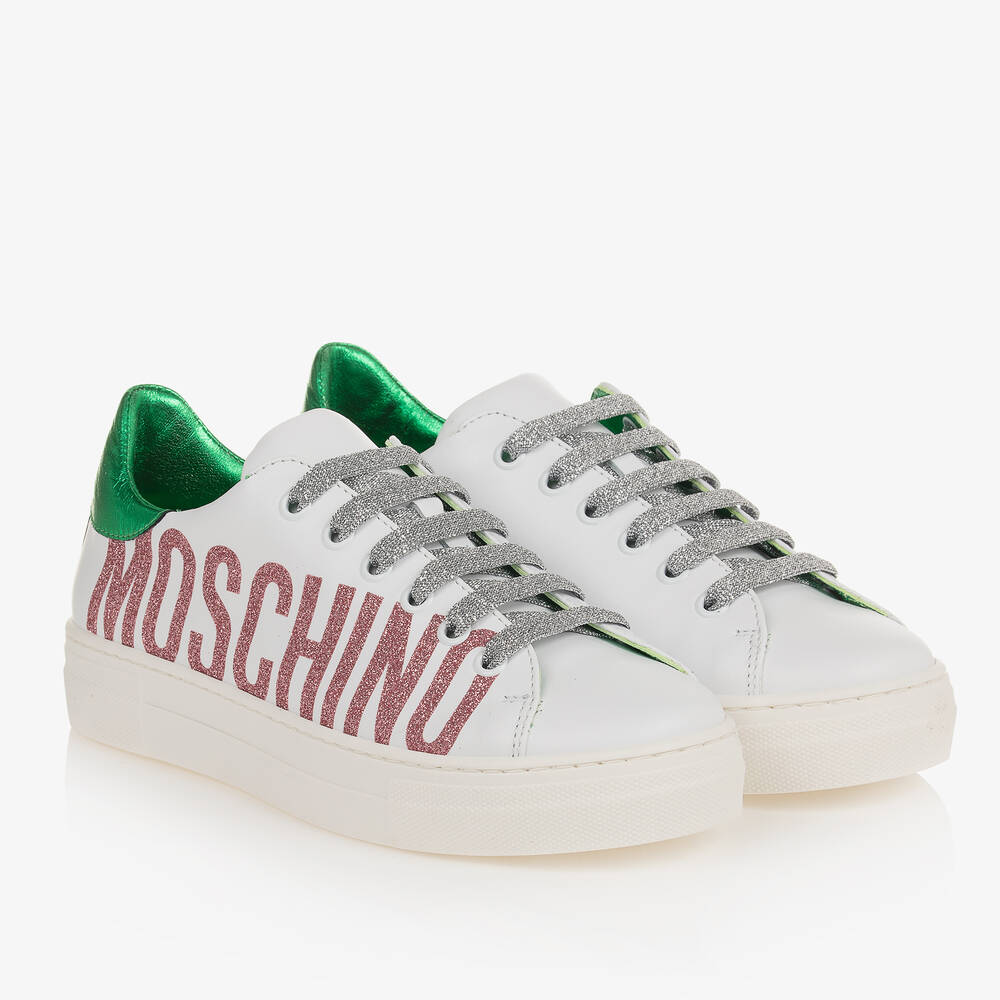 Moschino Kid-Teen - Teen Girls White Leather Glitter Trainers | Childrensalon