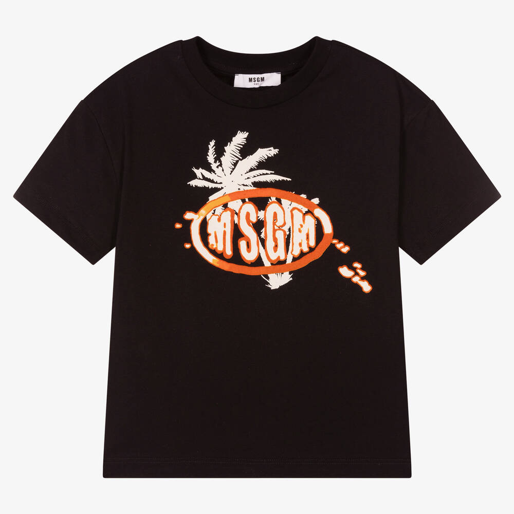 Boys Black Cotton Palm Tree Logo T-Shirt