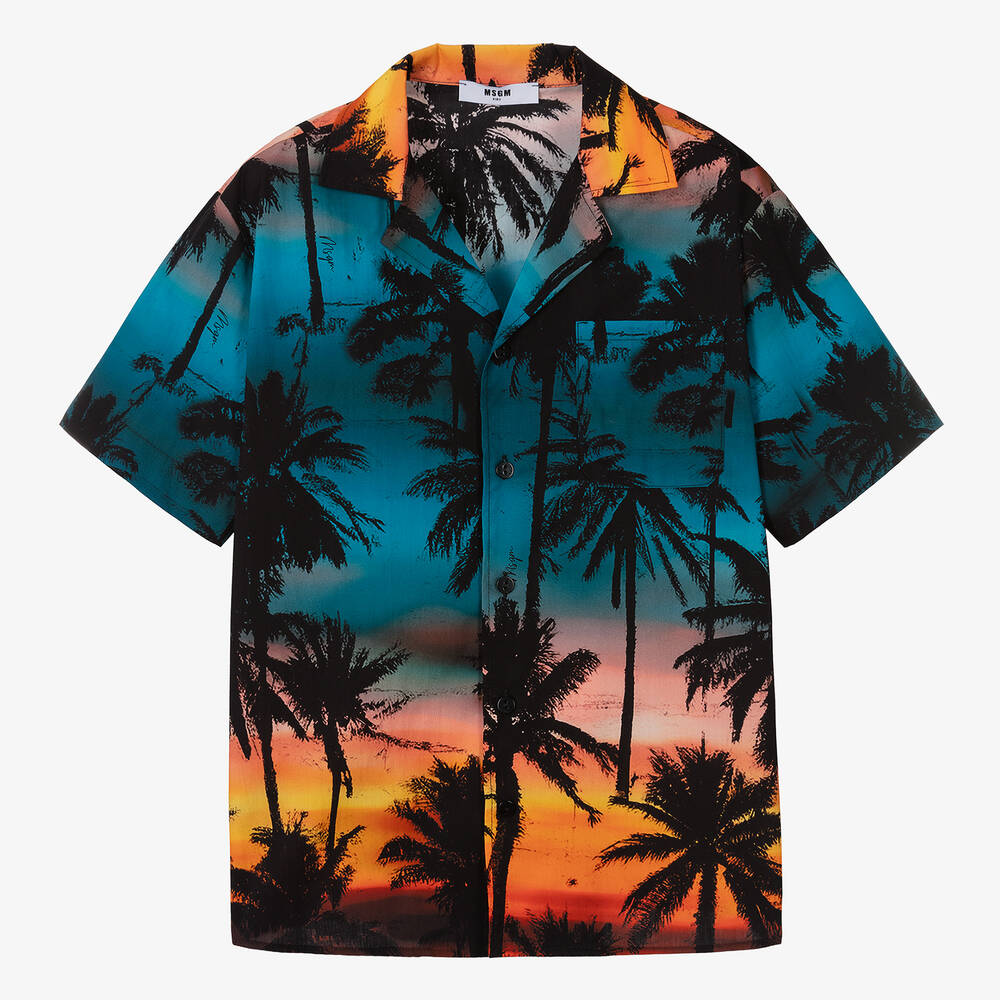 MSGM - Teen Boys Blue Cotton Palm Tree Shirt | Childrensalon