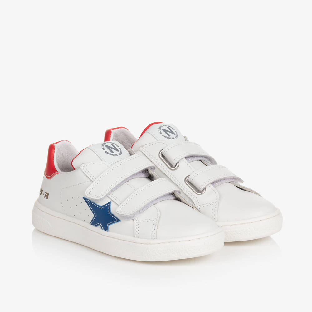 Naturino - Boys White Leather Velcro Trainers  | Childrensalon