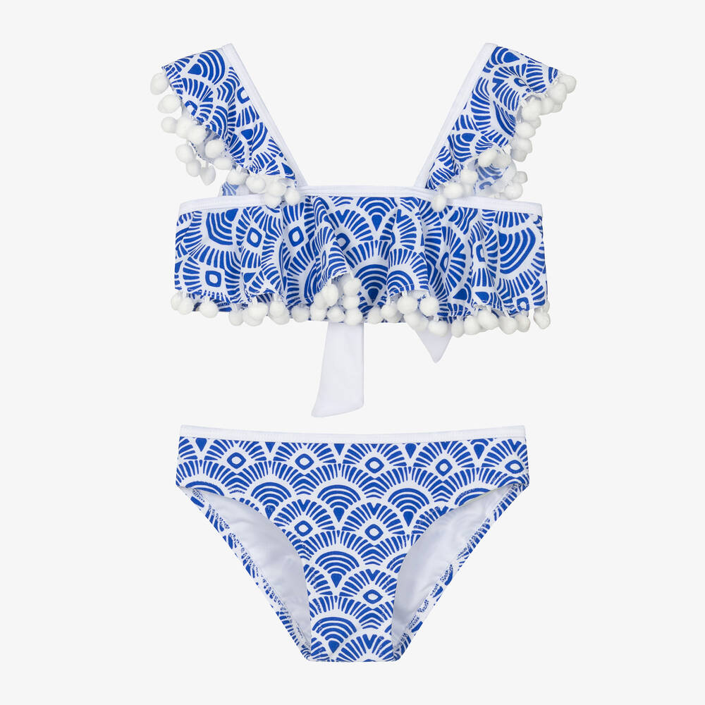 Nessi Byrd - Girls Blue Pom-Pom Bikini (UPF50) | Childrensalon