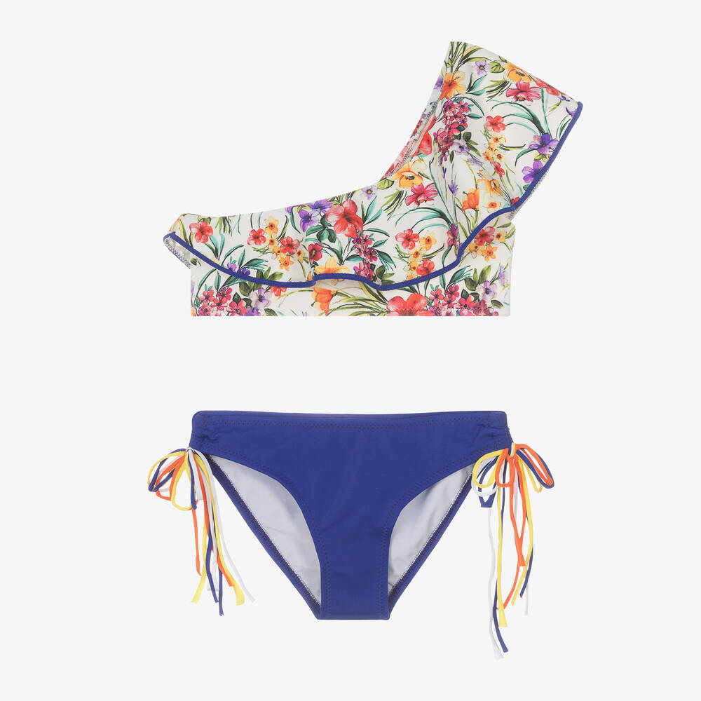 Nessi Byrd - Girls Indigo Blue Floral Bikini (UPF50) | Childrensalon