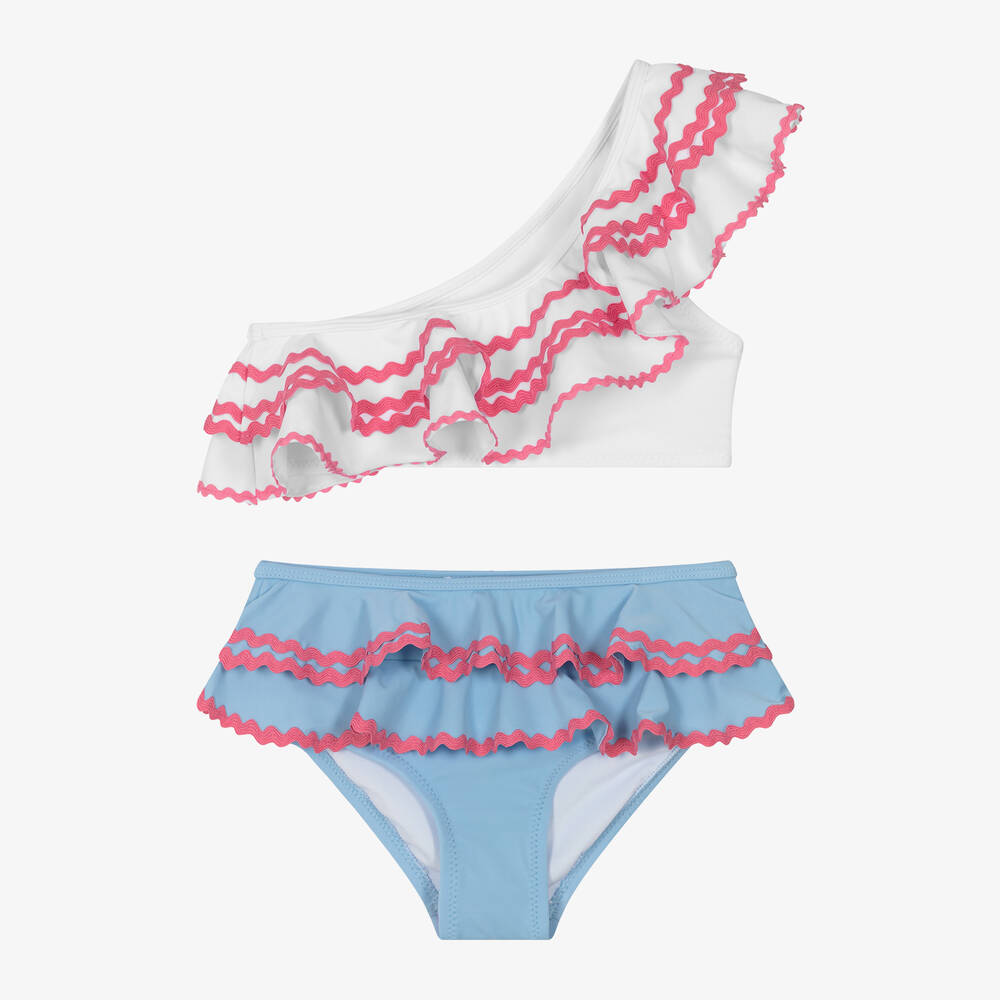 Nessi Byrd - Girls White & Blue Ruffle Bikini (UV50) | Childrensalon