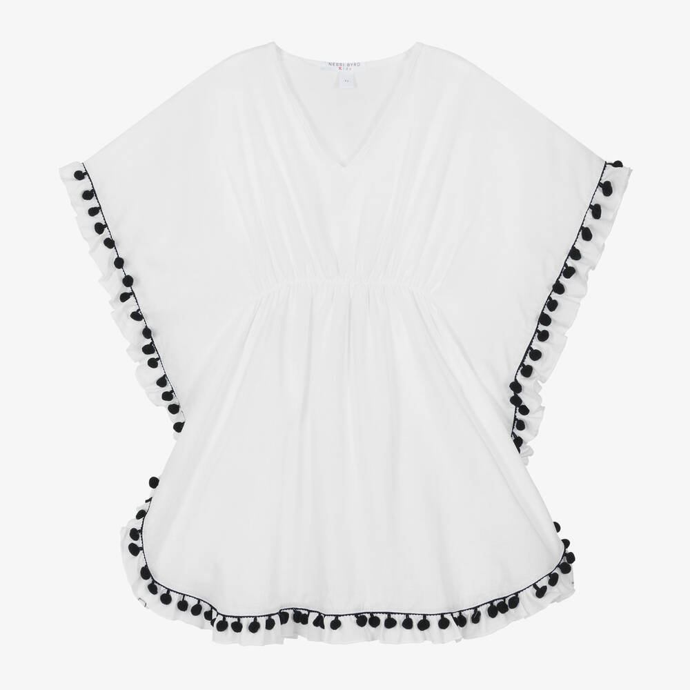 Nessi Byrd - Girls White Pom-Pom Cotton Kaftan | Childrensalon