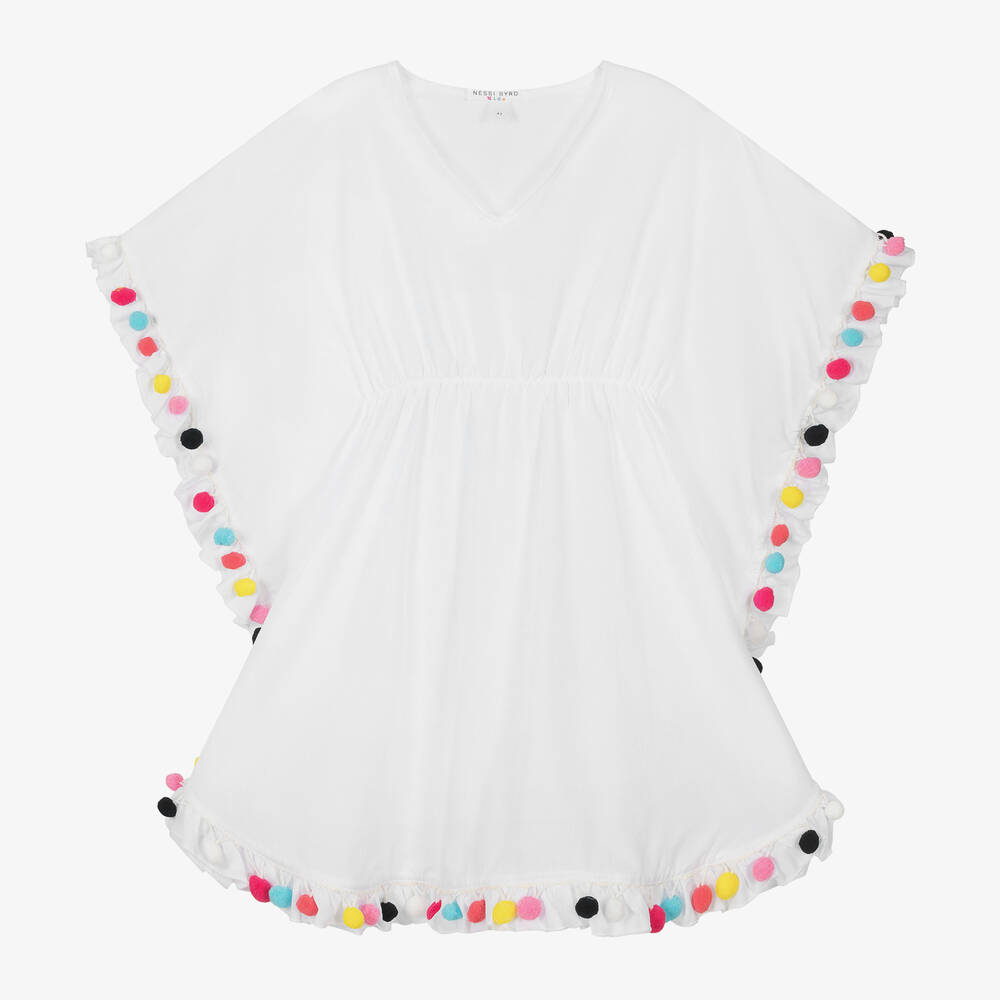 Nessi Byrd - Girls White Pom-Pom Cotton Kaftan | Childrensalon