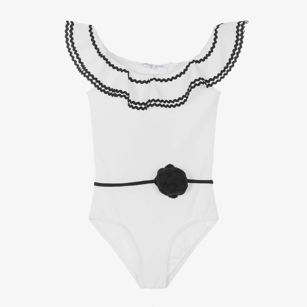 Nessi Byrd - Maillot de bain blanc à volants UV50 | Childrensalon