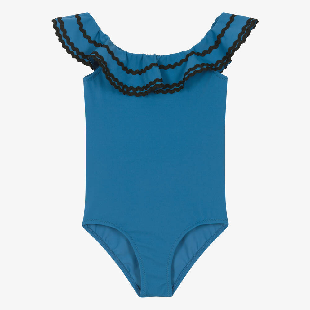 Nessi Byrd - Maillot de bain bleu à volants UPF50 | Childrensalon