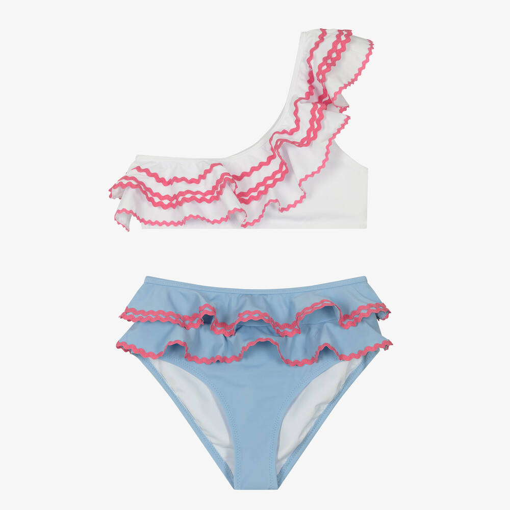 Nessi Byrd - Teen Girls White & Blue Ruffle Bikini (UV50) | Childrensalon