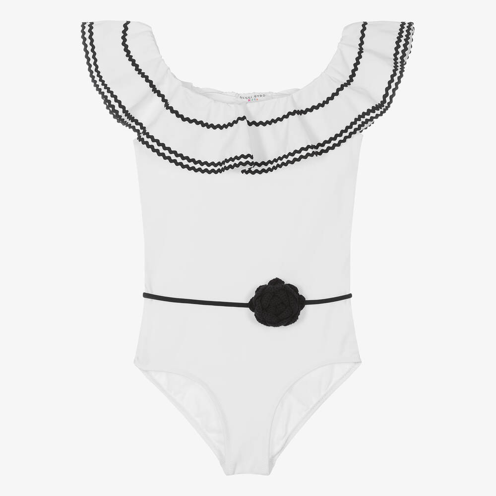 Nessi Byrd - Maillot de bain blanc à volants UV50 | Childrensalon