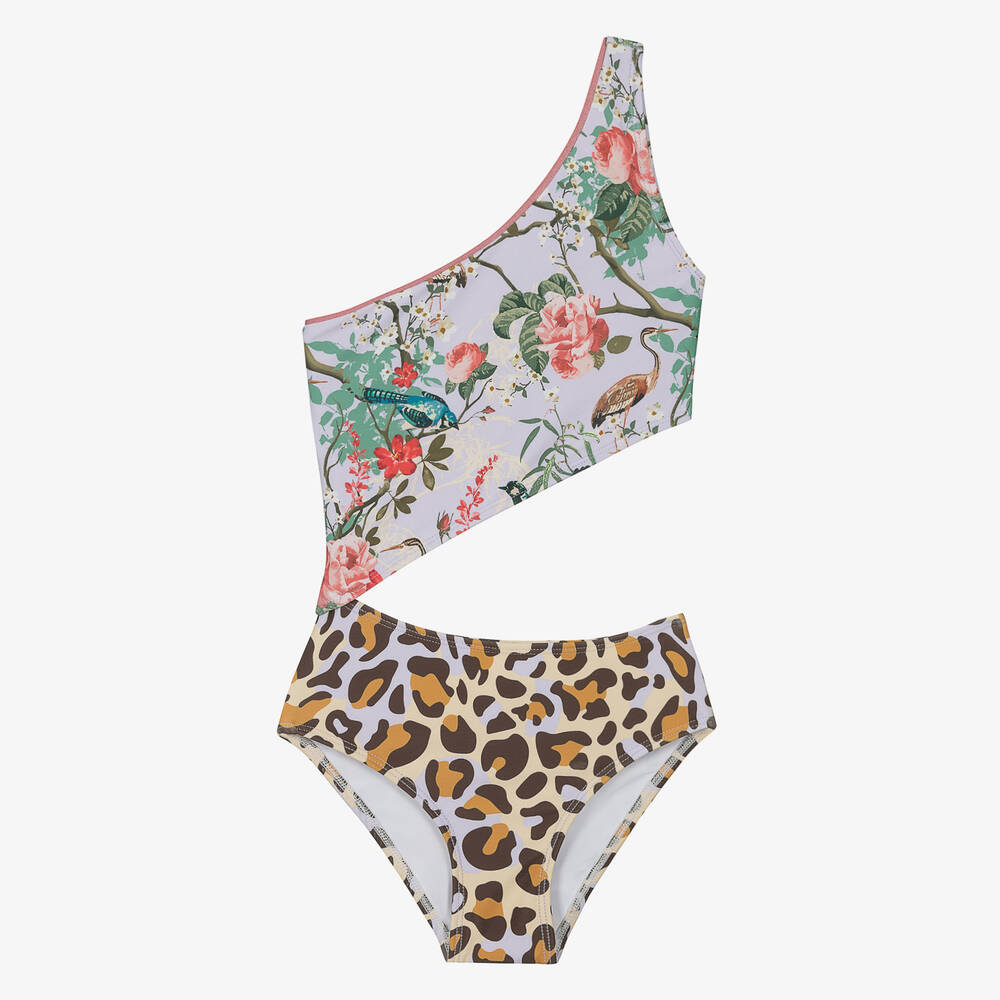 Olga Valentine - Teen Girls Purple Floral & Leopard Swimsuit (UPF50+) | Childrensalon