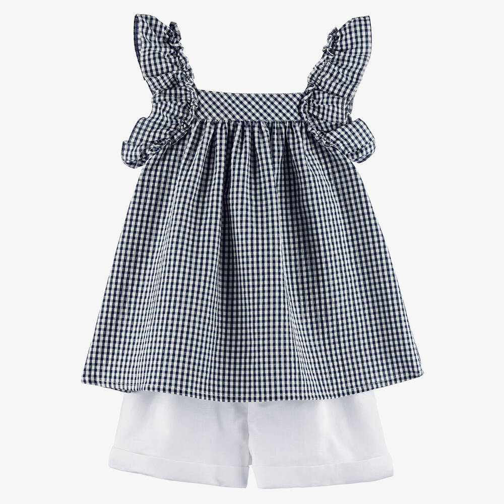 Paloma de la O - Girls Navy Blue & White Shorts Set | Childrensalon