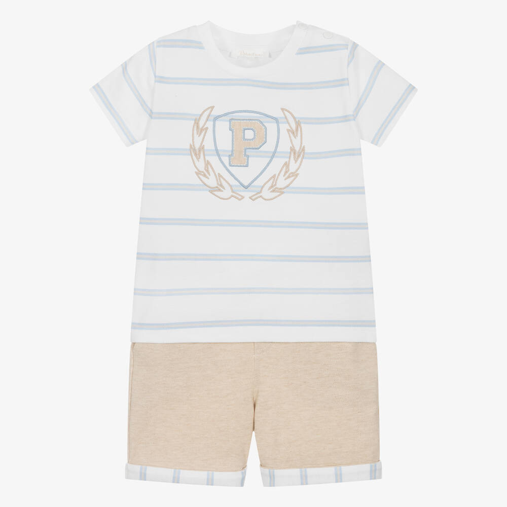 Patachou - Boys White & Beige Cotton Shorts Set | Childrensalon