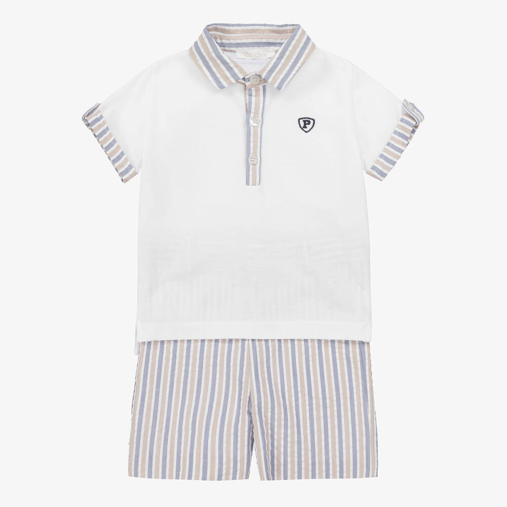 Patachou - Boys White & Blue Cotton Shorts Set | Childrensalon