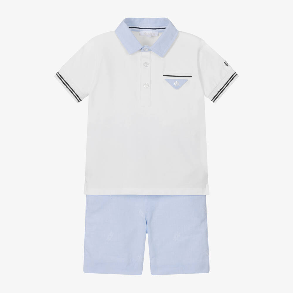 Patachou - Boys White & Blue Polo Shorts Set | Childrensalon